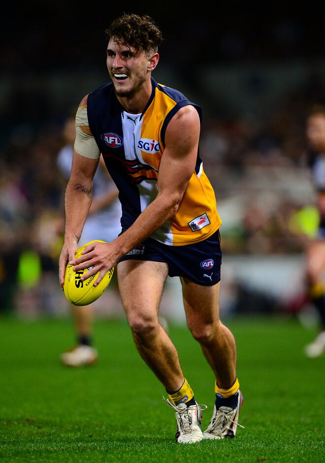 AFL 2013 Rd 23 - West Coast v Adelaide Simon Tunbridge of the West Coast Eagles kicks during the 2013 AFL Round 23 match between West Coast Eagles and the Adelaide Crows at Patersons Stadium, Perth on August 31, 2013. (Photo: Daniel Carson/AFL Media)